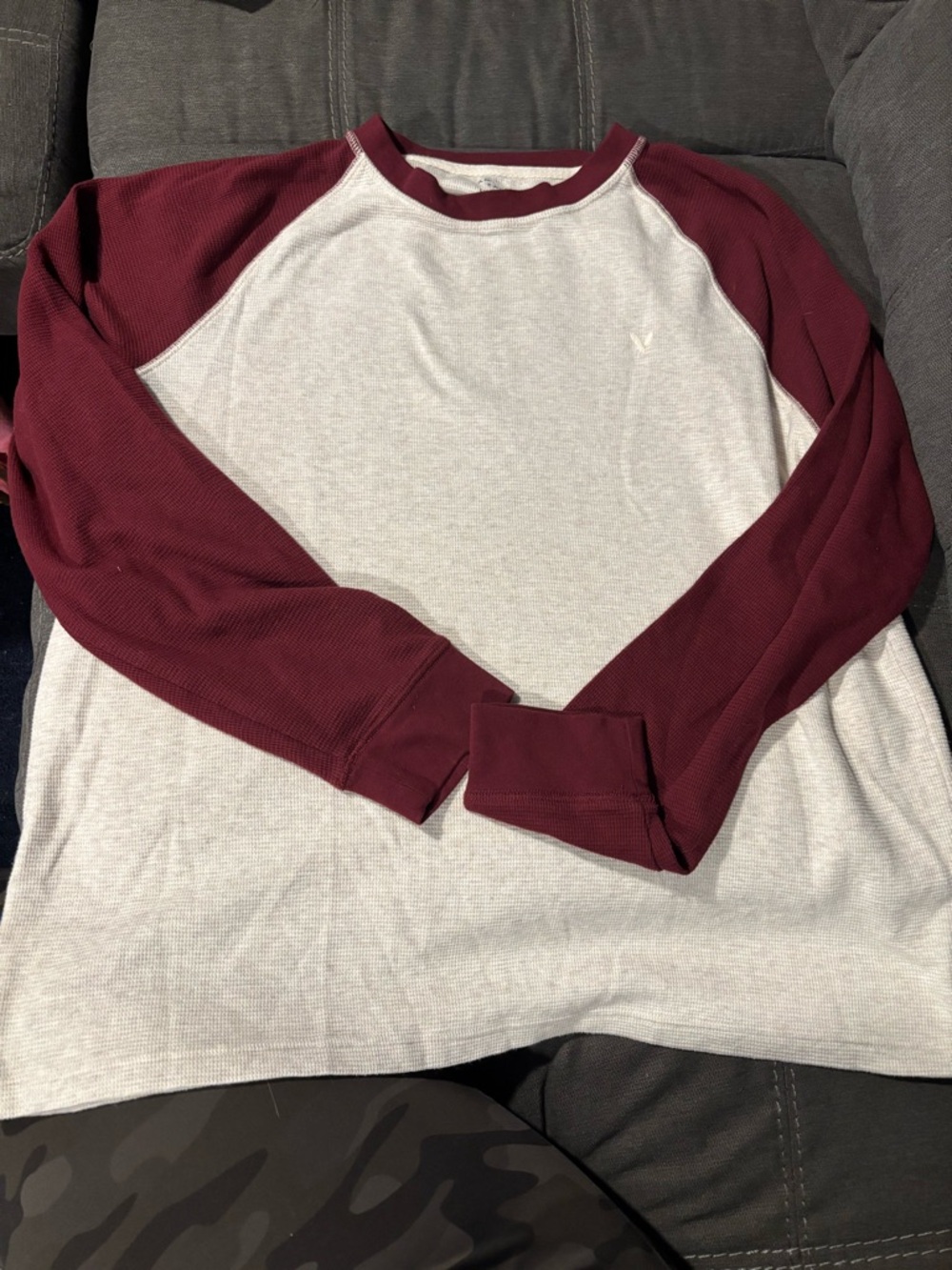 American Eagle Outfitters Raglan Long-Sleeve Shirt - Burgundy and cream